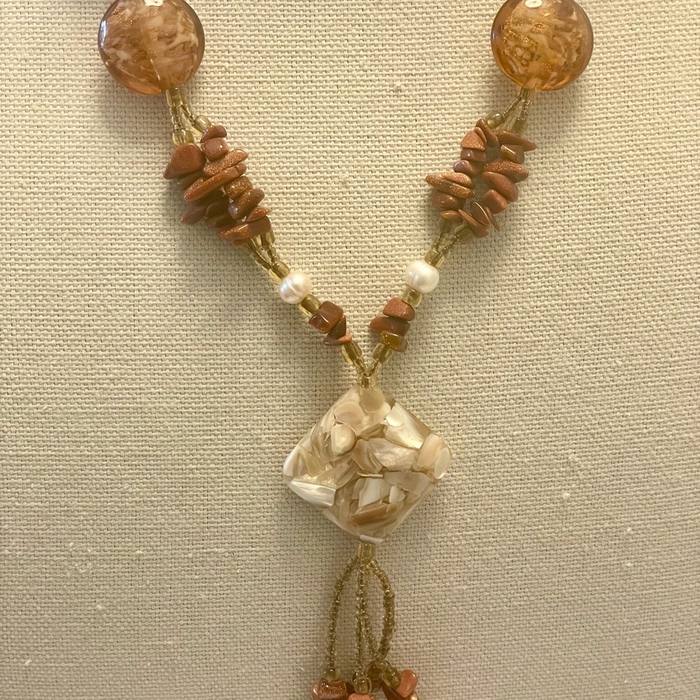 Elegant Goldstone, MOP and Pearl Beaded Necklace
